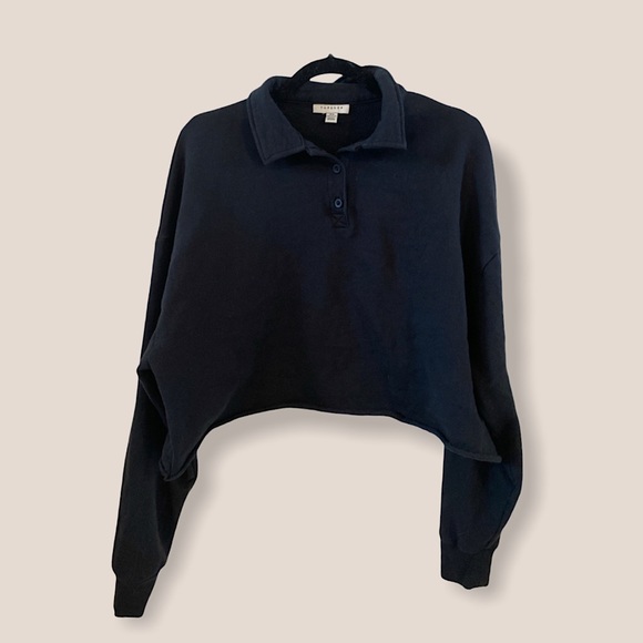Topshop long sleeve navy button up crop sweater - Picture 1 of 1